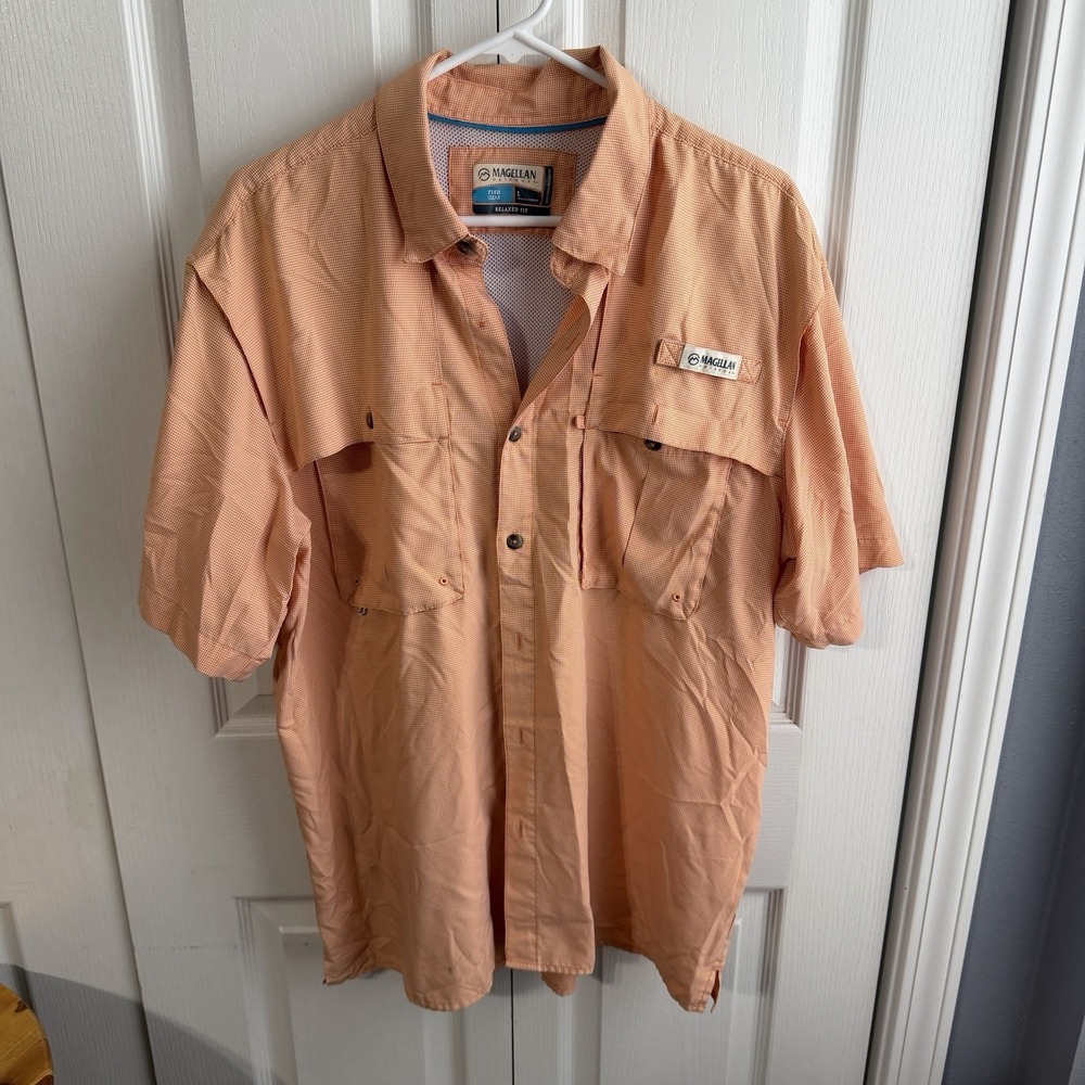 Magellan Orange White Plaid Short Sleeve Fish Gear Relaxed Fit Men's Size Large